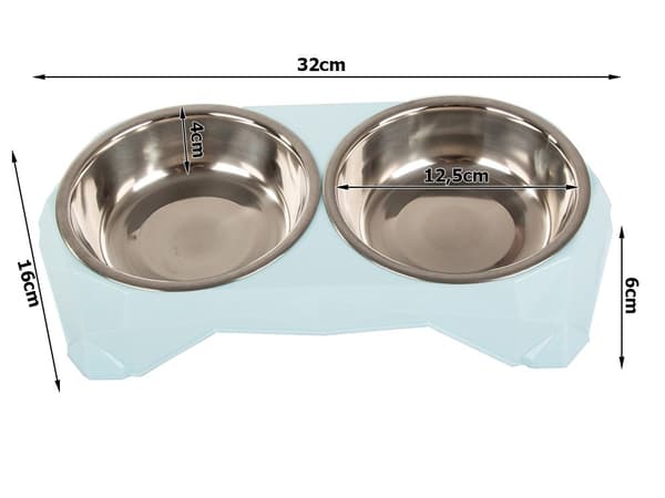 Dobbelt kæledyrsskål, 2x350 ml, rustfrit stål, spildfri, plastbase, hund & kat