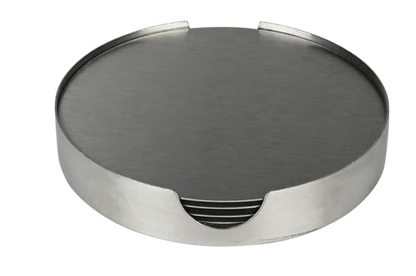 Sæt med 6 glasbrikker i rustfrit stål med holder, sølv, 10 cm, til glas, krus, kopper