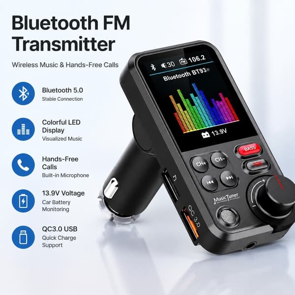 Bluetooth FM-sender, BT 5.0, håndfri, QC-lading, høyttaler, 12-24V