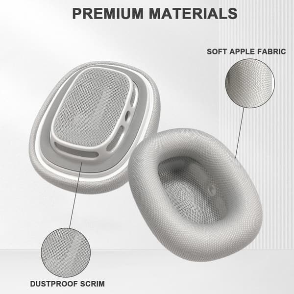 Öronkuddar för AirPods Max, tyg och silikon, silver, minnesskum, ljudisolering Silver