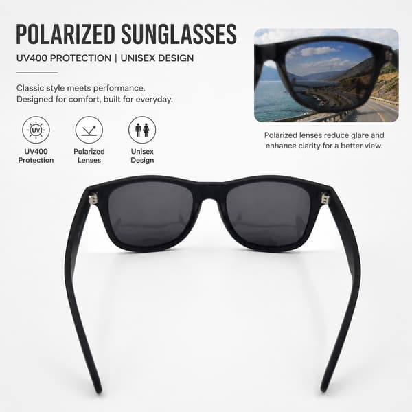 Polariserte solbriller UV400, svart ramme grå linse, unisex, klassisk design