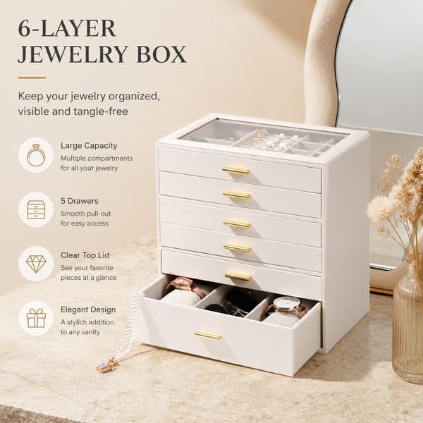 Smykkeskrin med stor kapacitet, 3 æsker 6 lag, opbevaring til øreringe, ringe, armbånd, hvid sort 3-Layer Leather White