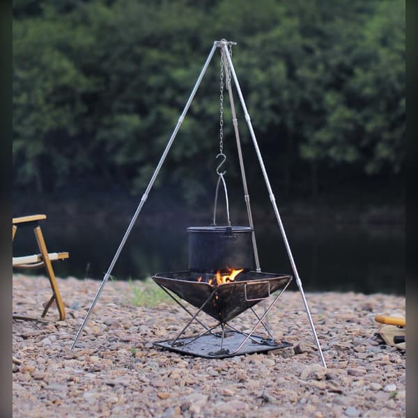 Campingstativ til gryde, justerbar kæde, aluminiumslegering og rustfrit stål, bærbar, sølv