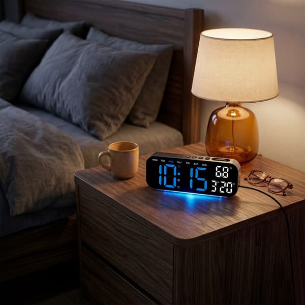 Digital väckarklocka med datum och temperatur, LED-display, dubbla larm, USB-driven, batteribackup, blå