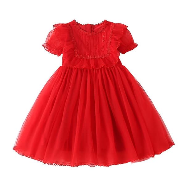 Ny Flickklänning Spets Kortärmad Prinsessklänning red L