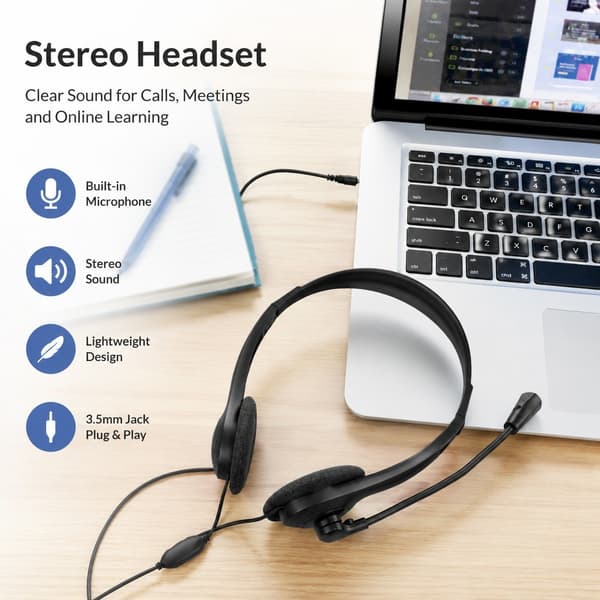 PC-headset stereo med mikrofon, 3,5 mm jackstik, on-ear, sort