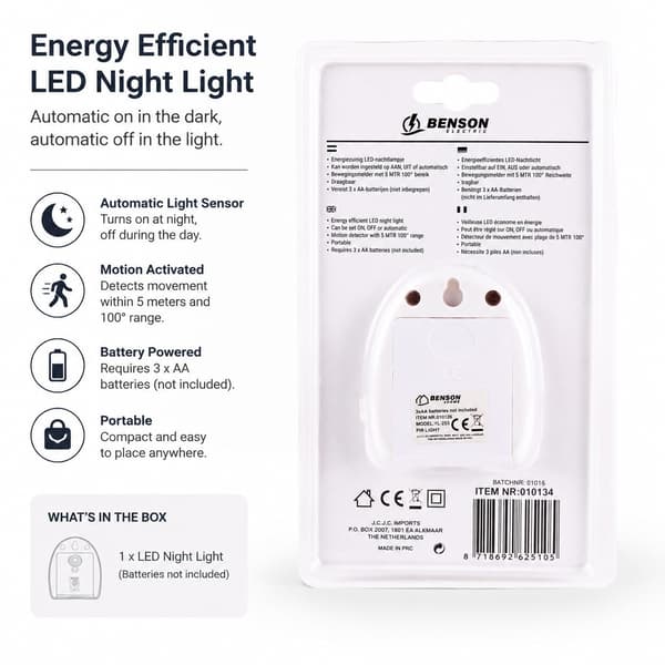 Batteridrevet LED-nattlys med bevegelsessensor, bærbart, automatisk modus, 3xAA