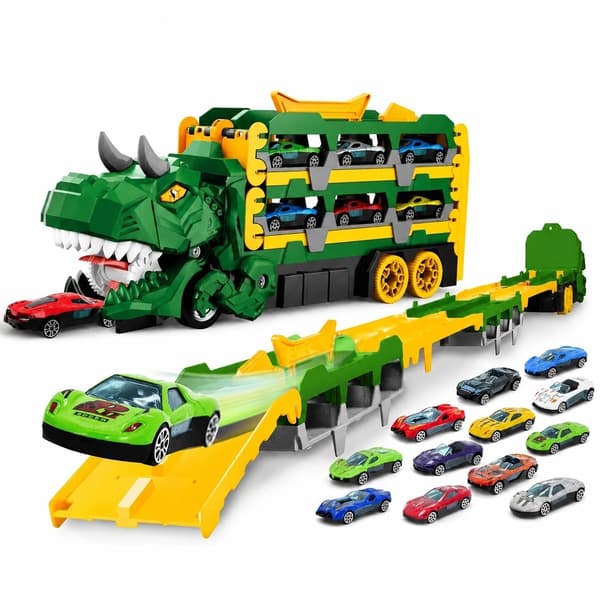 3-in-1 dinosaurusleluauto lapsille, muuntuu 1,57 m kilparadaksi, 18 miniautoa