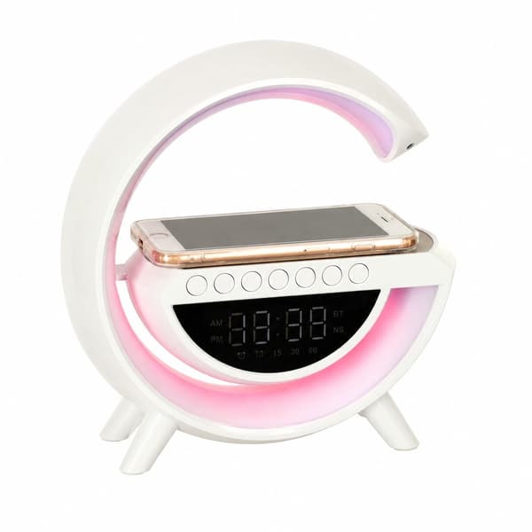 LED-lamppu langattomalla laturilla, radiolla, Bluetooth-kaiuttimella, herätyskellolla, valkoinen