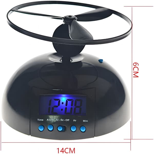 Flygande väckarklocka med LED-display, svart, 1 st 14x6 cm, snooze-propeller, högljudd för sovrum