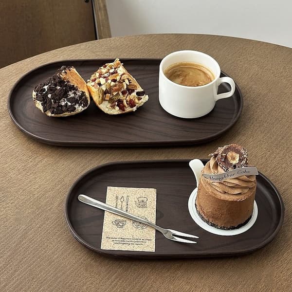 Valnötsfärgad oval bricka, tekoppsbricka, snackskakebricka, kafédessertbricka, förvaringsbricka