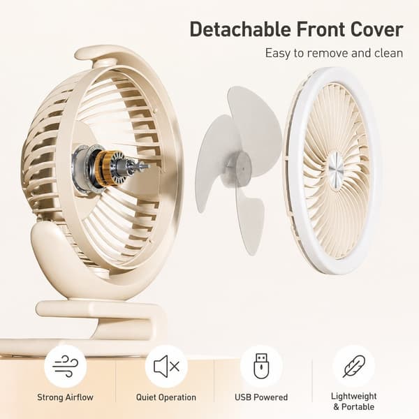 6-tommer bordlampeventilator, mælkekaffefarve, bærbar campinglampe, USB genopladelig
