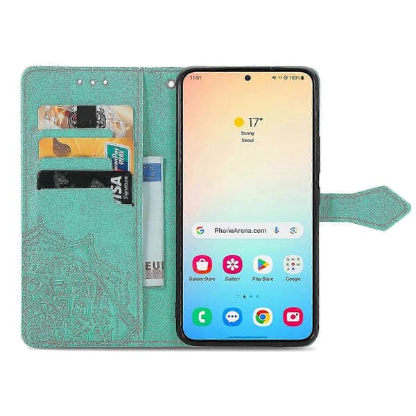 Wallet Case til Samsung Galaxy S25 Mandala Blomst Læder Telefon Cover Stativ - Sort Green