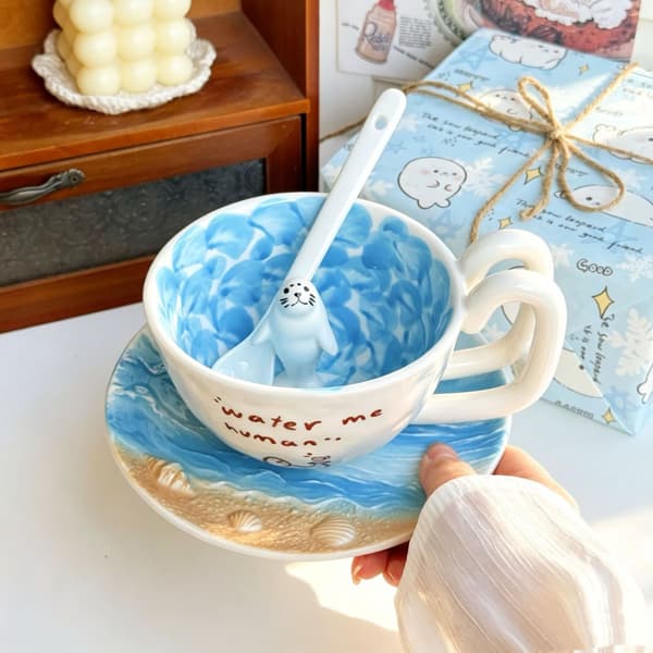 3D Keramisk Mugg med Matchande Tallrik, Djursimningsdesign, Kaffe Te Kopp Present till Älskare