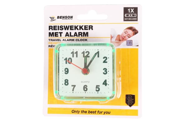 Kompakt analog väckarklocka, plast, liten reseklocka, 6x6x3 cm