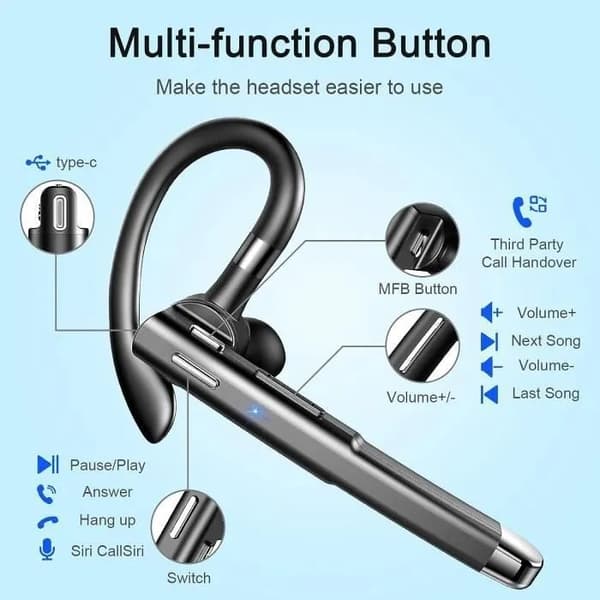Trådløst Bluetooth-hodesett, in-ear, støydempende, 180 timer standby, 35 timer taletid, for sjåfører