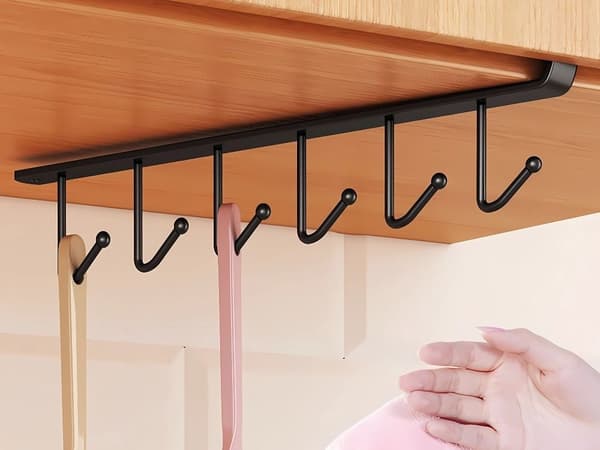 Køkkenredskabsholder til underskab, sort metal, 6 kroge, pladsbesparende organizer Black