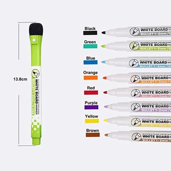 8-pack whiteboardpennor, fin spets, magnetiska, med suddgummi