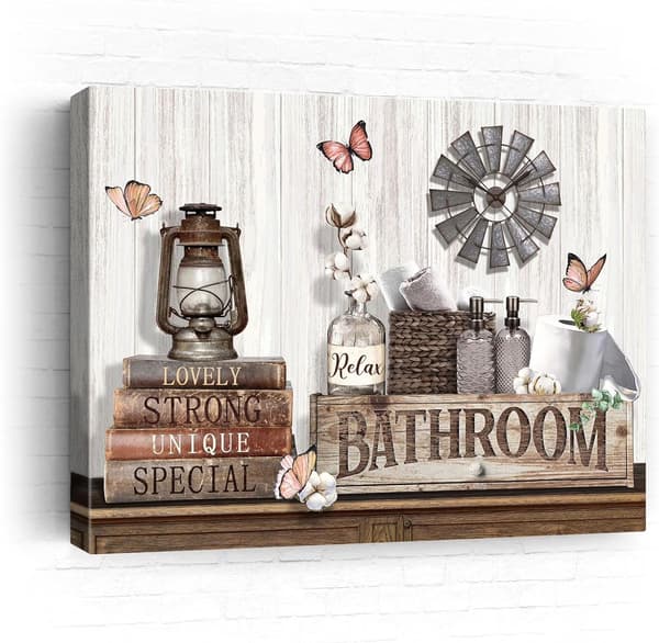 Bondegårds badeværelses vægkunst, rustikt blomster sommerfugl lærredstryk, indrammet 12x16, Soak Relax Unwind Decor