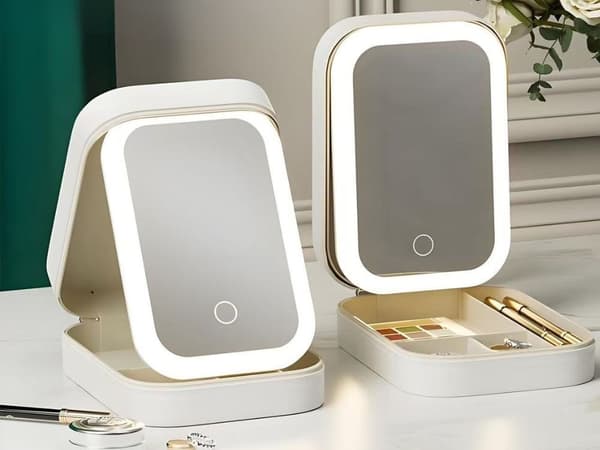 LED sminkespeil med oppbevaring, sammenleggbart kosmetikkveske, justerbart lys, reise