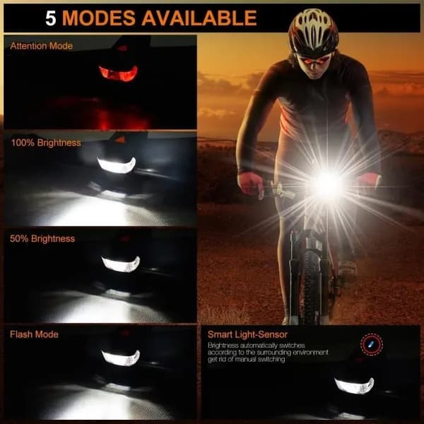 USB Genopladelig LED Cykellygte, For- og Baglygte, 5 Tilstande, Vandtæt, til Mountainbikes