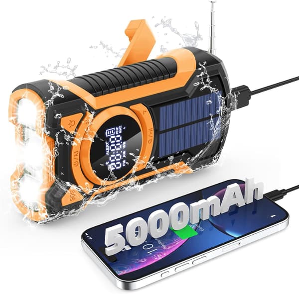 Solcelledrevet nødradio med håndsveiv, AM/FM/Vær, Bluetooth, lommelykt, 5000mAh