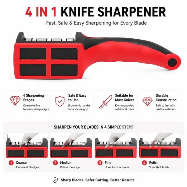 Knivsliper, 3-trinns kjøkkenknivsliper, kompakt, ergonomisk, keramikk og rustfritt stål
