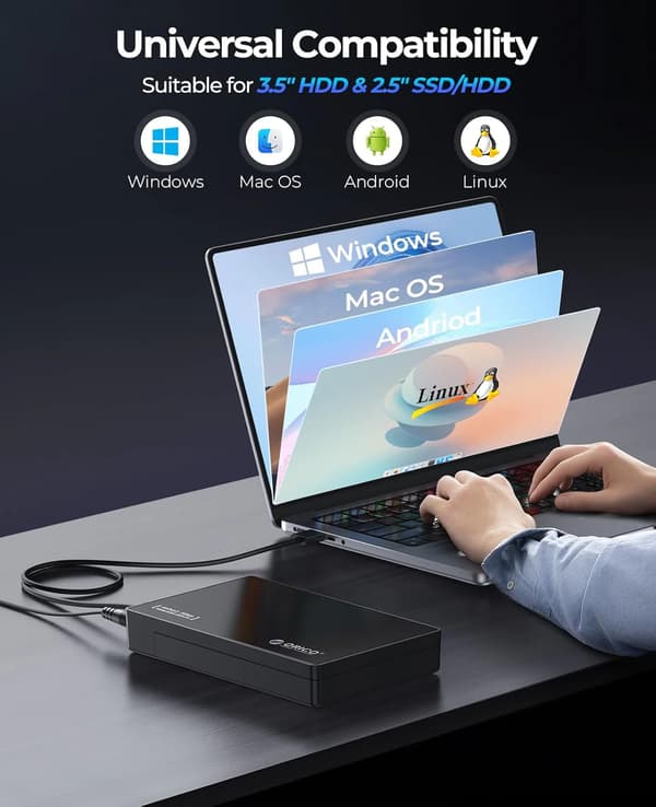 3.5\" SATA III till USB 3.1 Typ-C Externt hårddiskkabinett, Svart ABS, Stöder 16TB, Verktygsfritt, Demo
