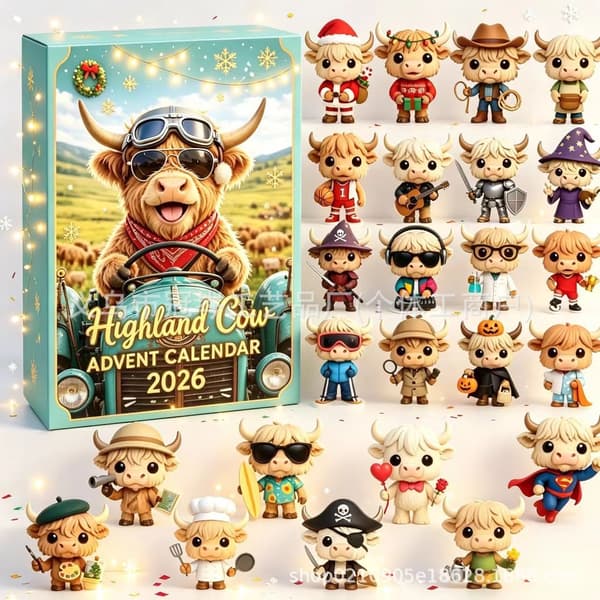 Højlandskvæg Julekalender 2026, Jule-nedtællings-blindboks, PVC-pynt Highland cattle sled model