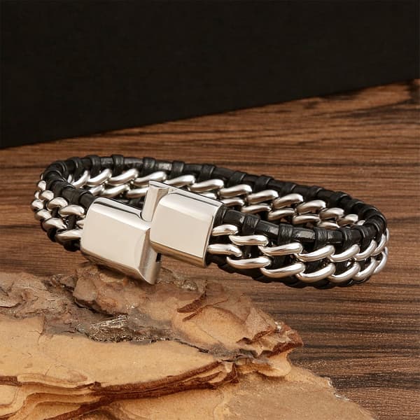 Flettet PU Læderarmbånd, Sort & Hvid, Rustfrit Stål, Unisex Stil