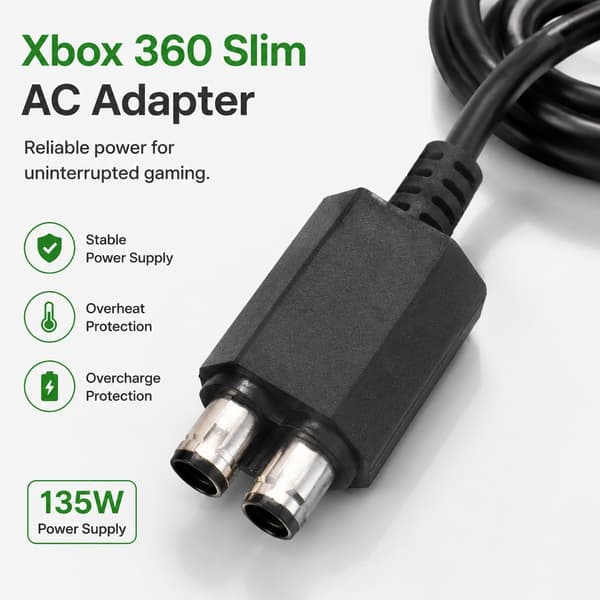 Xbox 360 Slim AC-adapter 135W strømforsyning, sort, overopladnings- og overophedningsbeskyttelse