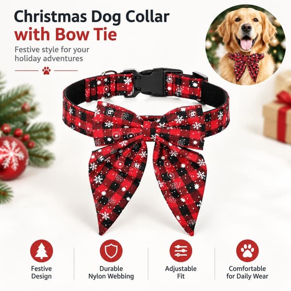 Julehalsbånd til hunde med butterfly, nylon, rød og sort plaid, justerbart, store hunde