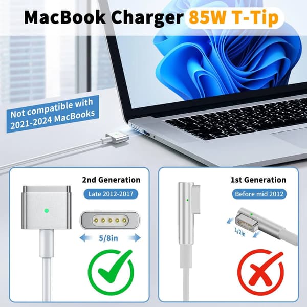 85W T-Tip Vit Ersättningsströmadapter för MacBook Pro - Magnetisk Laddare