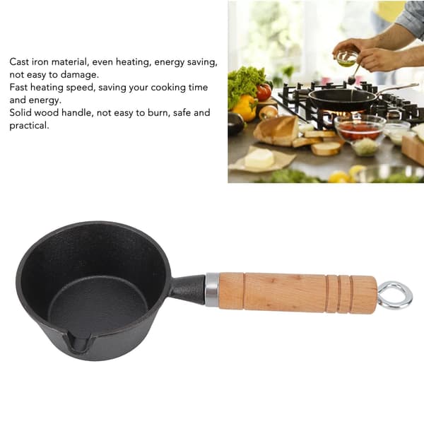 Mini stekepanne i støpejern for egg, forhåndskrydret, solid trehåndtak, 11x5cm, innendørs og utendørs
