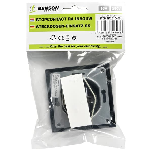 Vägguttag, Svart, 16A 250V, 81x81x40mm, EU Standarduttag