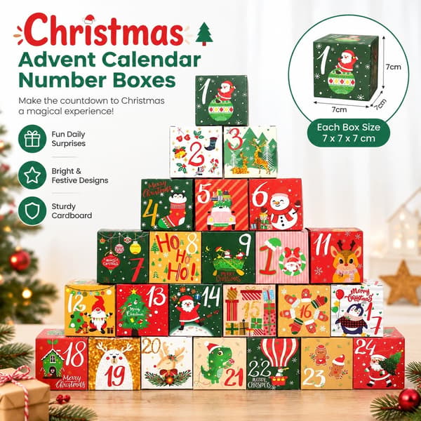 Julekalender nummerbokser, flerfarget pappnedtelling, 7x7x7cm, barn