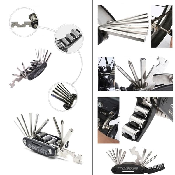 Multiværktøj til cykelreparation, stål, unbrakonøgle-sæt, skruetrækker, topnøgle, 9x4,5x2,5 cm