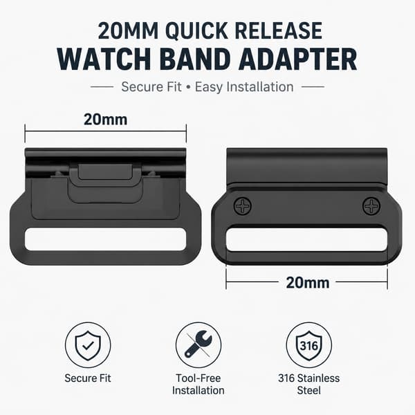 Quick Release Urrem Adapter til Garmin, 20mm, Rustfrit Stål, Sort