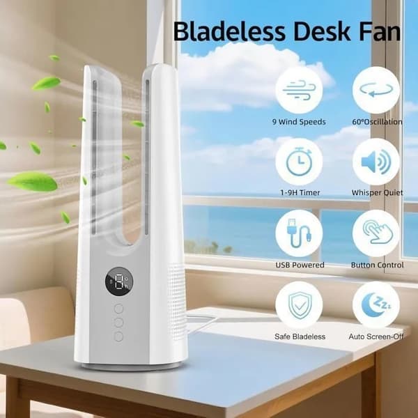 Bladeless tårnventilator, 9 hastigheder 60° oscillation, genopladelig bordventilator til kontor og soveværelse white