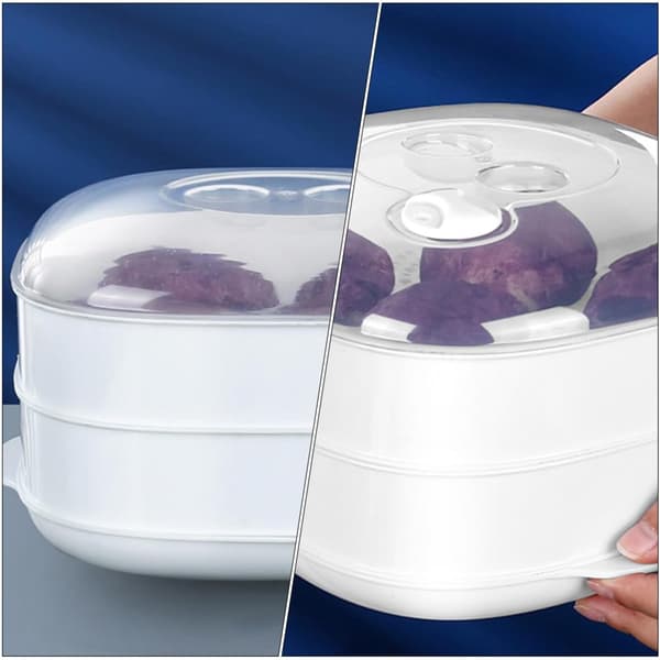 Mikrovågsugn Plast Tvålagers Ångkokare med Lock för Matlagning av Ris och Dumplings, Vit