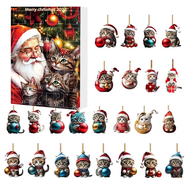 Katt Julekalender, 24-dagers nedtelling, Akryl Kattedekorasjoner til Tre, Bilspeil, Veggdekor Model C