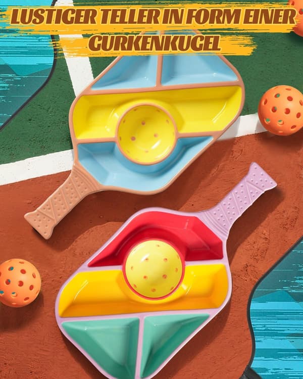 Pickleball Snackserveringsbakke, Keramisk Bat-formet Tallerken med 5 Rum og Dipskål, Blå, Gave til Fans