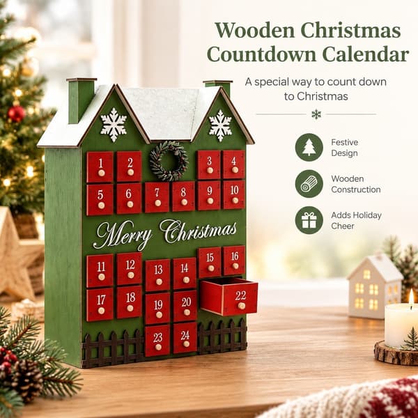 Nedtellingkalender i tre til jul, 24-dagers adventsboks i husform, rød, borddekorasjon