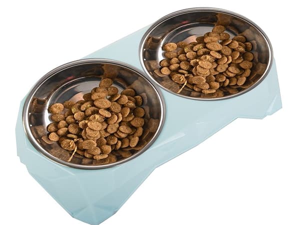 Dobbelt kæledyrsskål, 2x350 ml, rustfrit stål, spildfri, plastbase, hund & kat