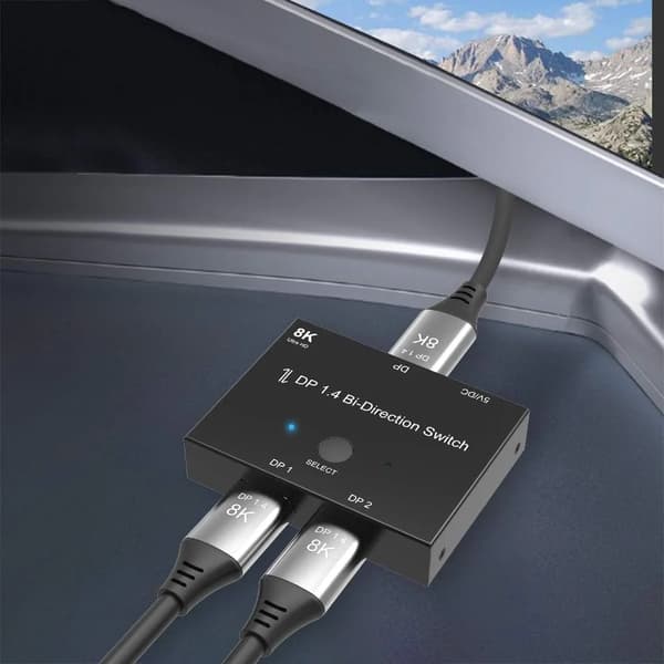 DisplayPort 8K DP 1.4 dubbelriktad väljarlåda, 2-portars switchsplitter för dubbla skärmar, stöder 8K@30Hz 4K@120Hz, svart