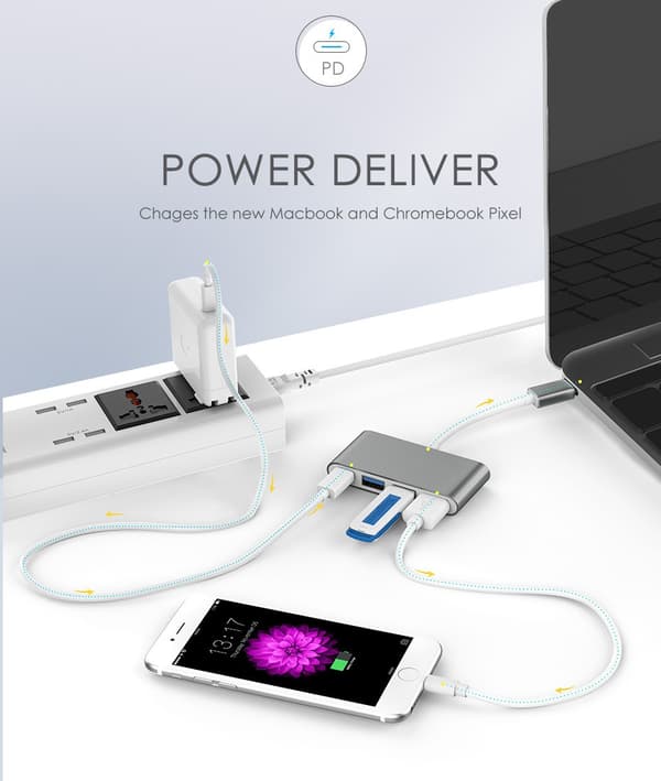 USB C Hub 4-i-1 Splitter Multifunksjonsadapter for bærbar PC, telefon, spillkonsoll, høyhastighets dataoverføring