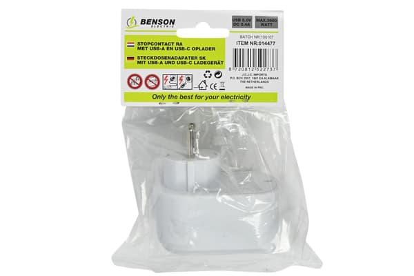 Vegguttak med USB-A og USB-C, hvit, 16A-adapter med 2 USB-porter