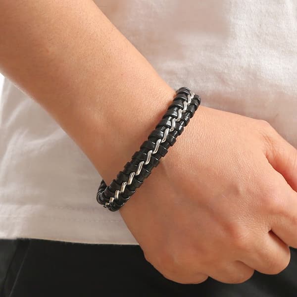 Flätat PU-läderarmband för män, svart, rostfritt stål, mode, storlek M