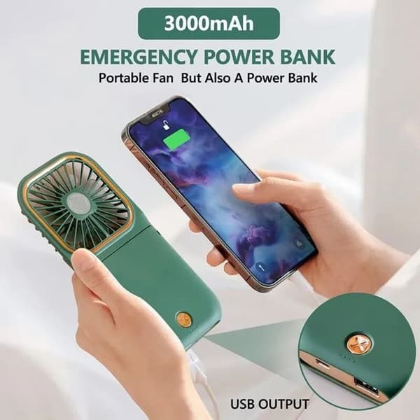 Mini Sammenfoldelig Lydløs USB Genopladelig Ventilator, 3000 mAh Powerbank, Bærbar