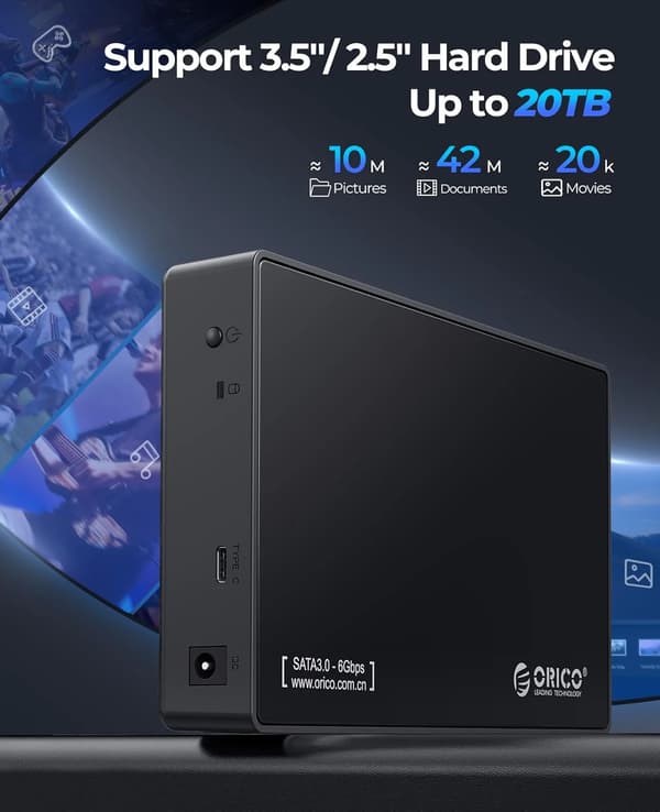 3.5\" SATA III till USB 3.1 Typ-C Externt hårddiskkabinett, Svart ABS, Stöder 16TB, Verktygsfritt, Demo